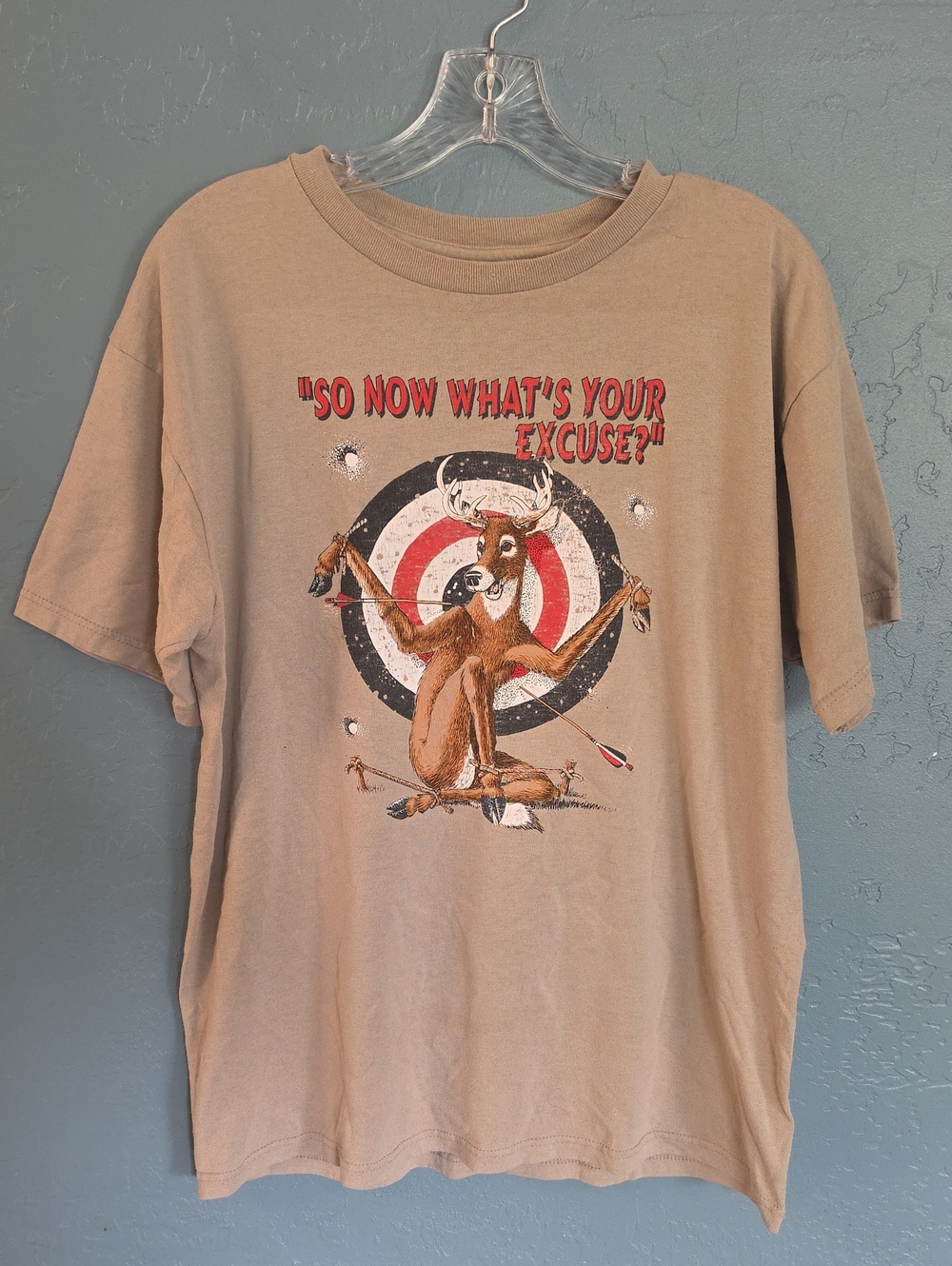 VTG Tan Graphic Tee - "So Now What's Your Excuse?" Buck Deer Target Shirt